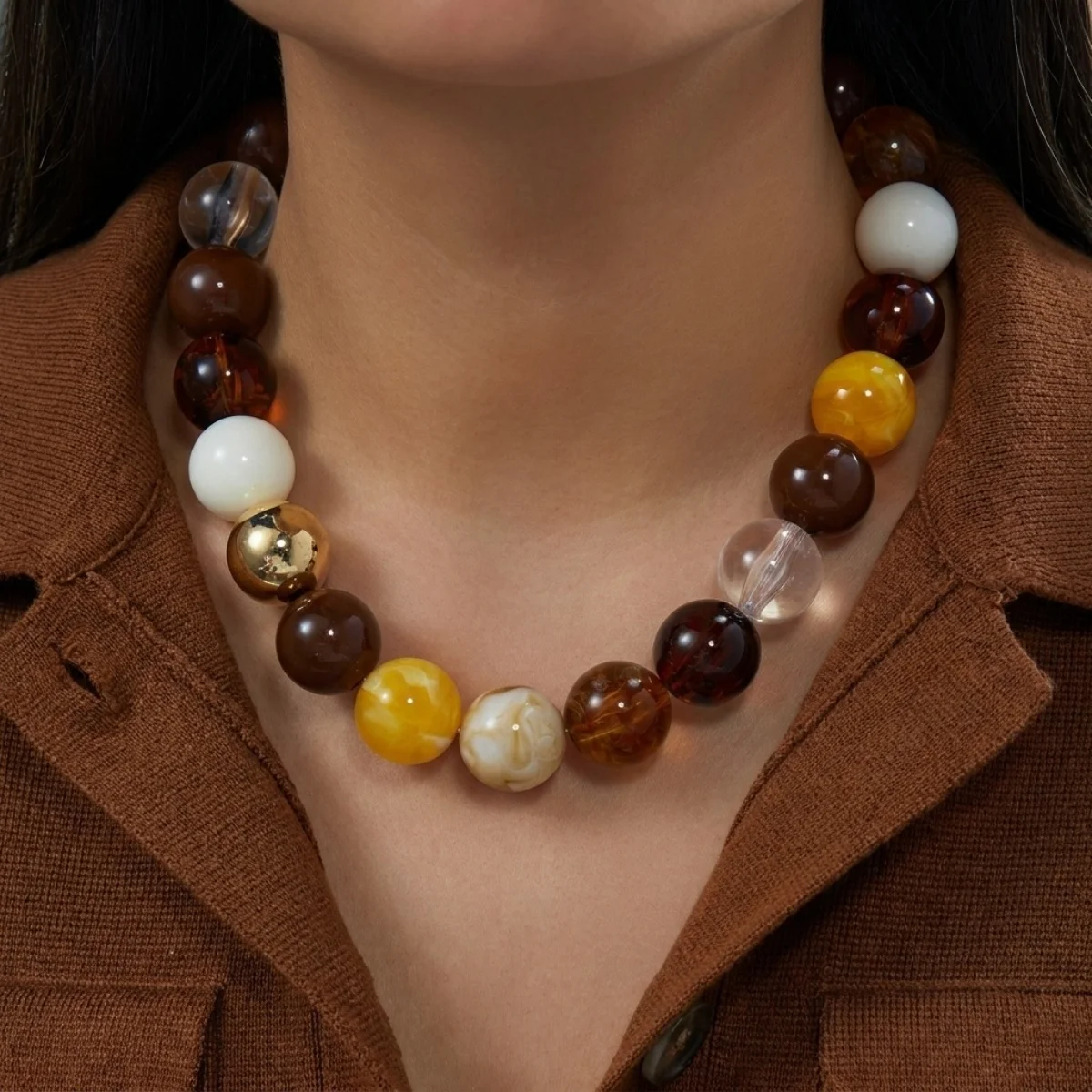Modische bunte Acryl-Halskette mit großen runden Perlen für Damen und Herren, böhmische blaue braune Harzperlen, Choker, Y2K-Ästhetik-Schmuck – Detail 21