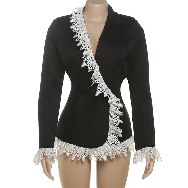 Trendix Black Elegant Blazer Femme 2025 Autumn Fashion Lace-Trim Short Dress Office Commuting Long Sleeve Jacket Women Top Coat