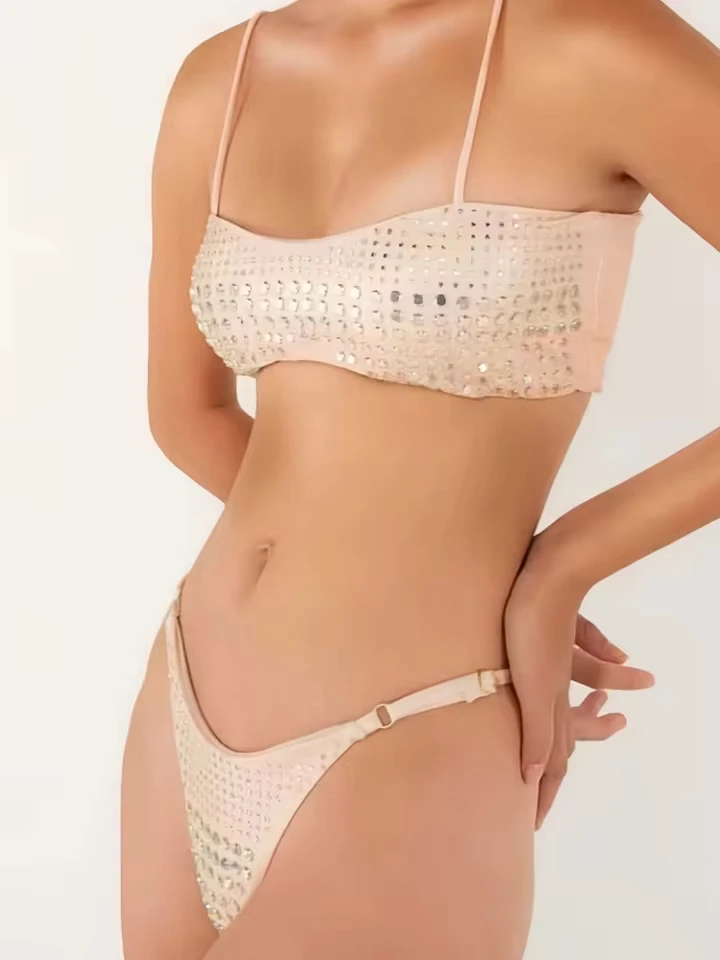 

Vzvn 2026 New All Season Backless Thong Bikinis Sexy Lace Up Sequins Bikinis for Women Split Swimsuit Beach Bikini 2 Piece Set
