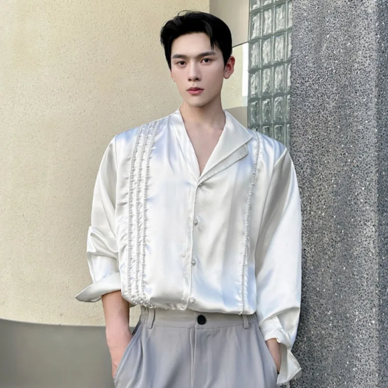WVGA Spring Autumn New Man Light Luxury Pearl Trendy Satin Draped Fake Two-Piece Long Sleeve Shirts Niche Casual Tops Ins W23211