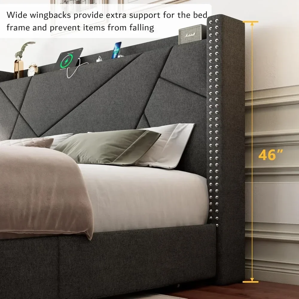 Rei Armazenamento Bed Frame com 4 gavetas, estofados Cama Quadro, Minimalista Wingback Cabeceira e Estação de Carregamento, ZL