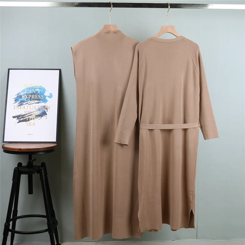 Women\'s 2024 Autumn Winter New Fashion Knitted Sleeveless Dress Matching Set Elegant Long Cardigan Dresss Two Piece Suit