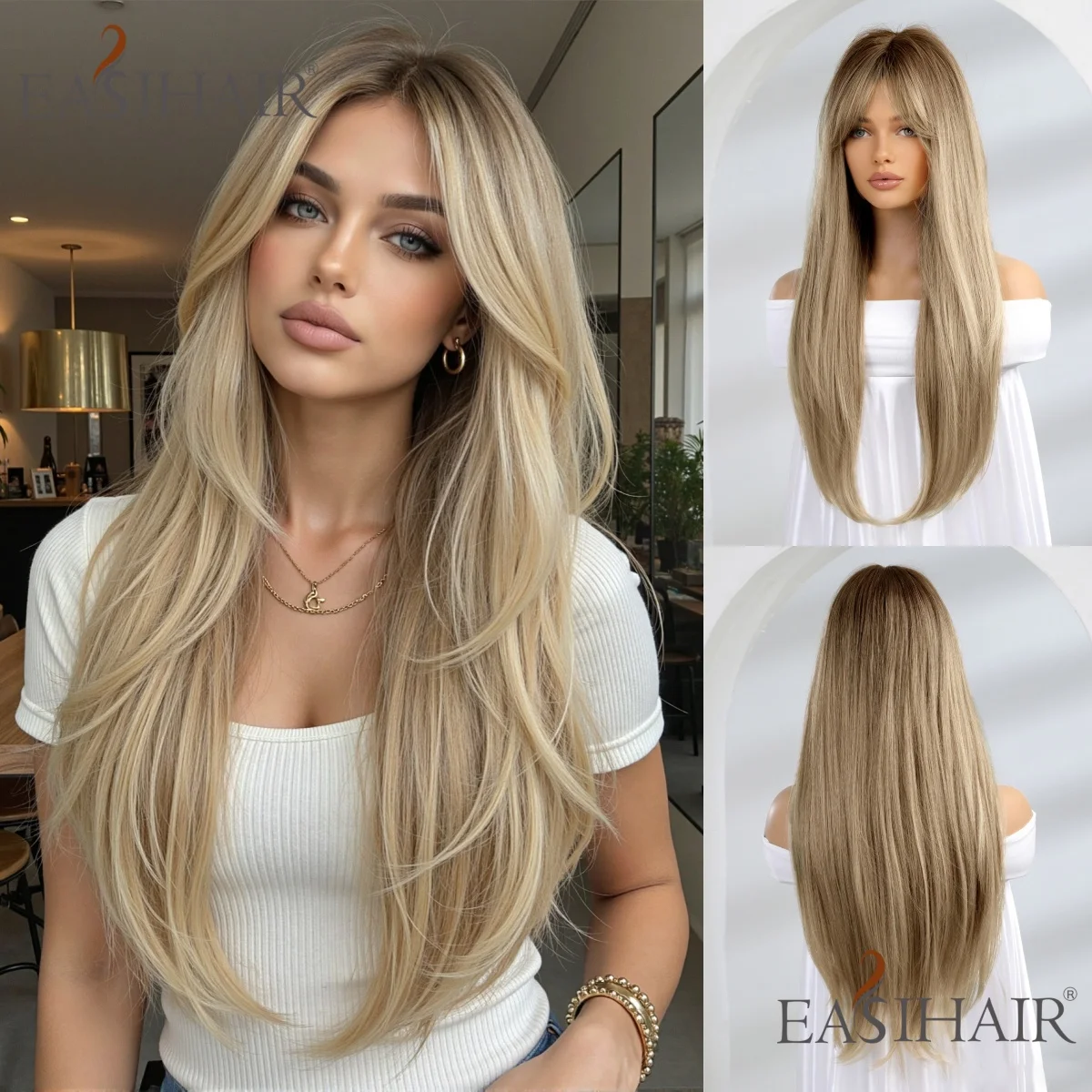 Lange blonde braune Ombre-Perücke mit Pony, hitzebeständiges Kunsthaar, natürlich glatt, für Frauen, für den täglichen Gebrauch, für Partys, Cosplay
