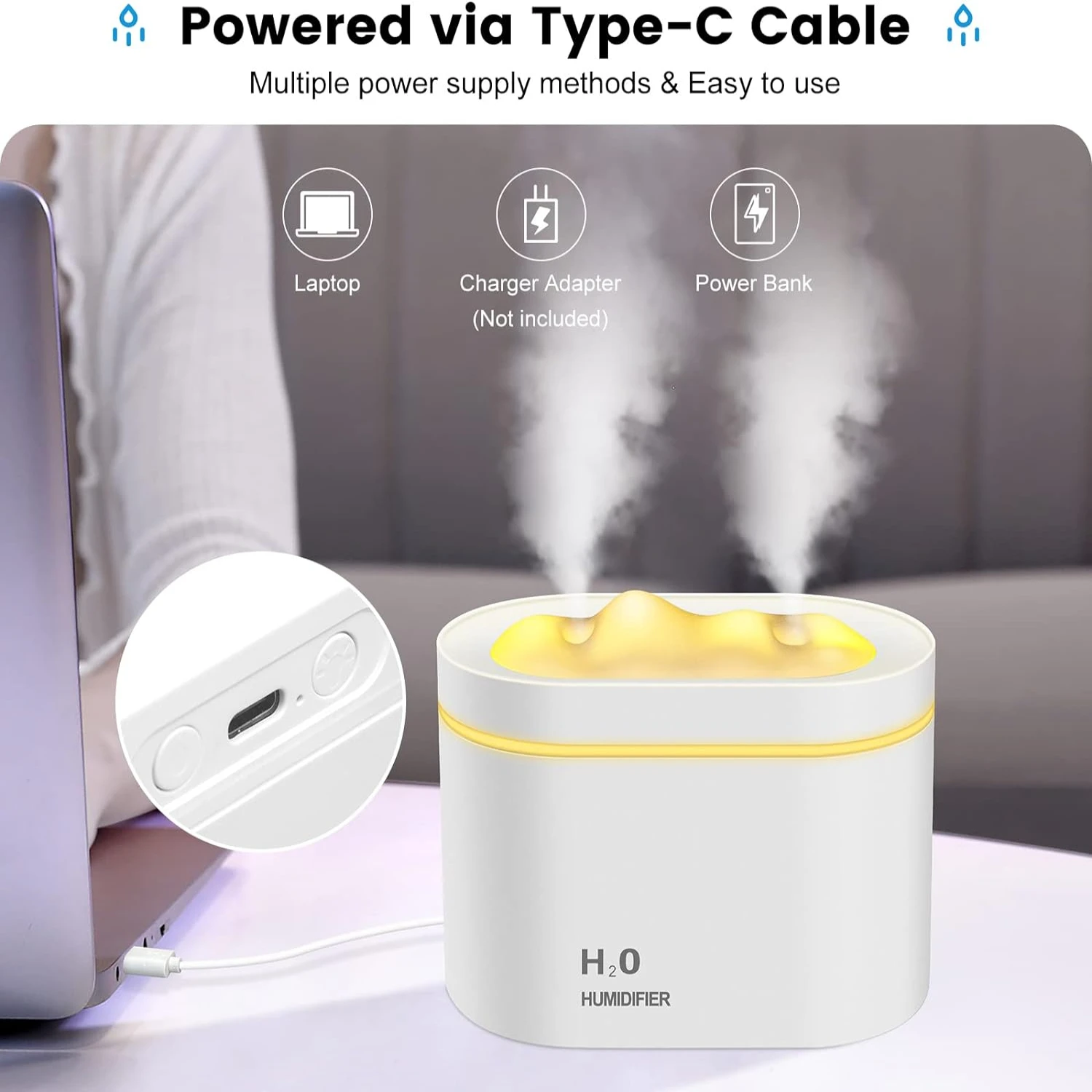 مرطب هادئ ومحمول صغير باللون الأبيض البارد - مرطب مكتب شخصي صغير جدًا سعة 800 مل مع تصميم فوهة مزدوجة وتلقائي