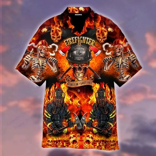 

Fire Firefighter Hawaiian Shirt Skeleton 3d Print Shirt Men Women Fashion Short Sleeve Casual Button Lapel Shirts Blouse Camisas