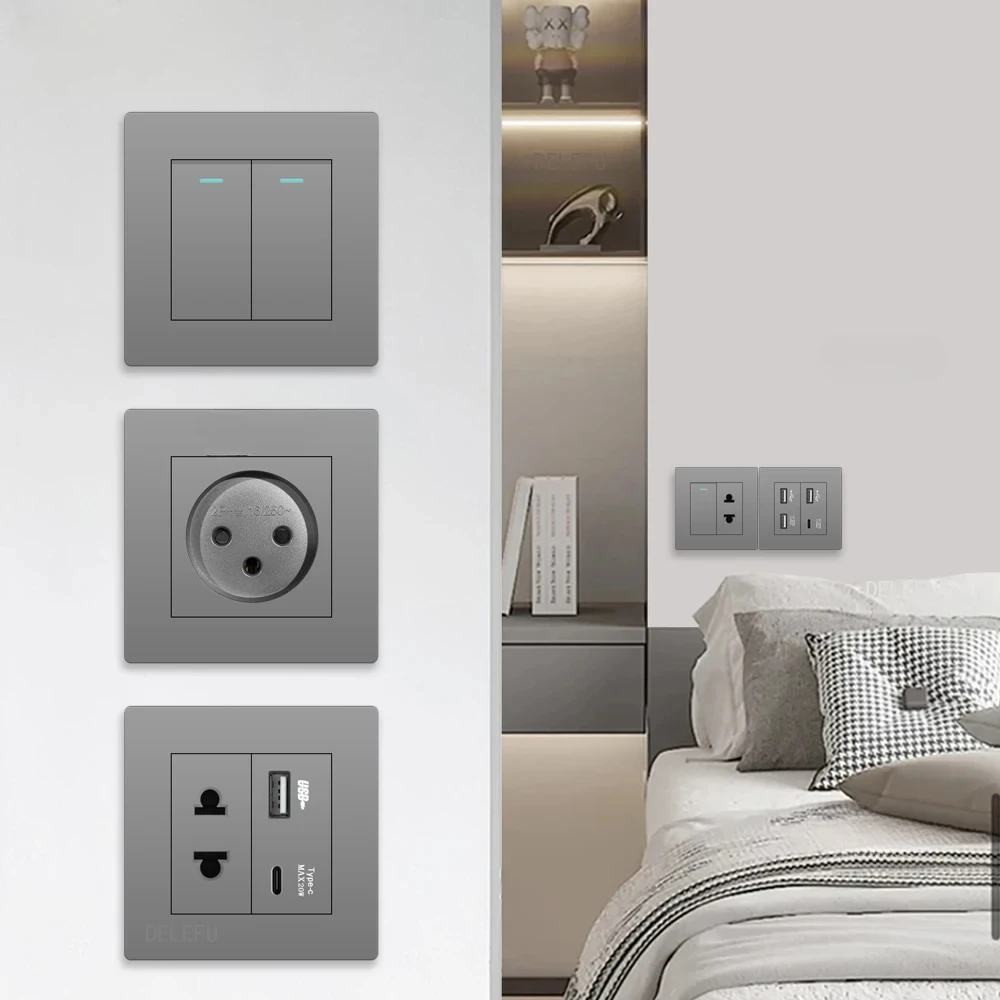Melery Wall Socket Switch Flame Retardant Gray Israel Outlets Standard USB Type C Fast Charging PC Panel 86mm TV Phone CAT5 CAT6