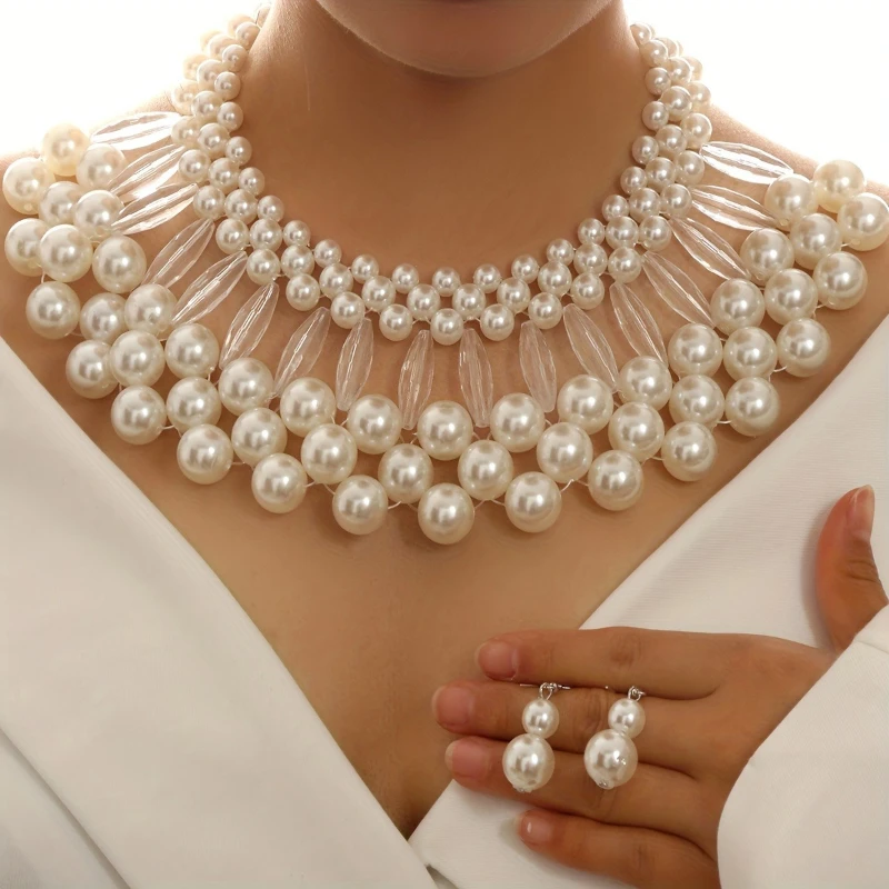 2 Pieces/set Handmade Imitation Pearl Multi-layer Necklace Earrings, Women's Personality Exaggerated Design Party Jewelry Gifts