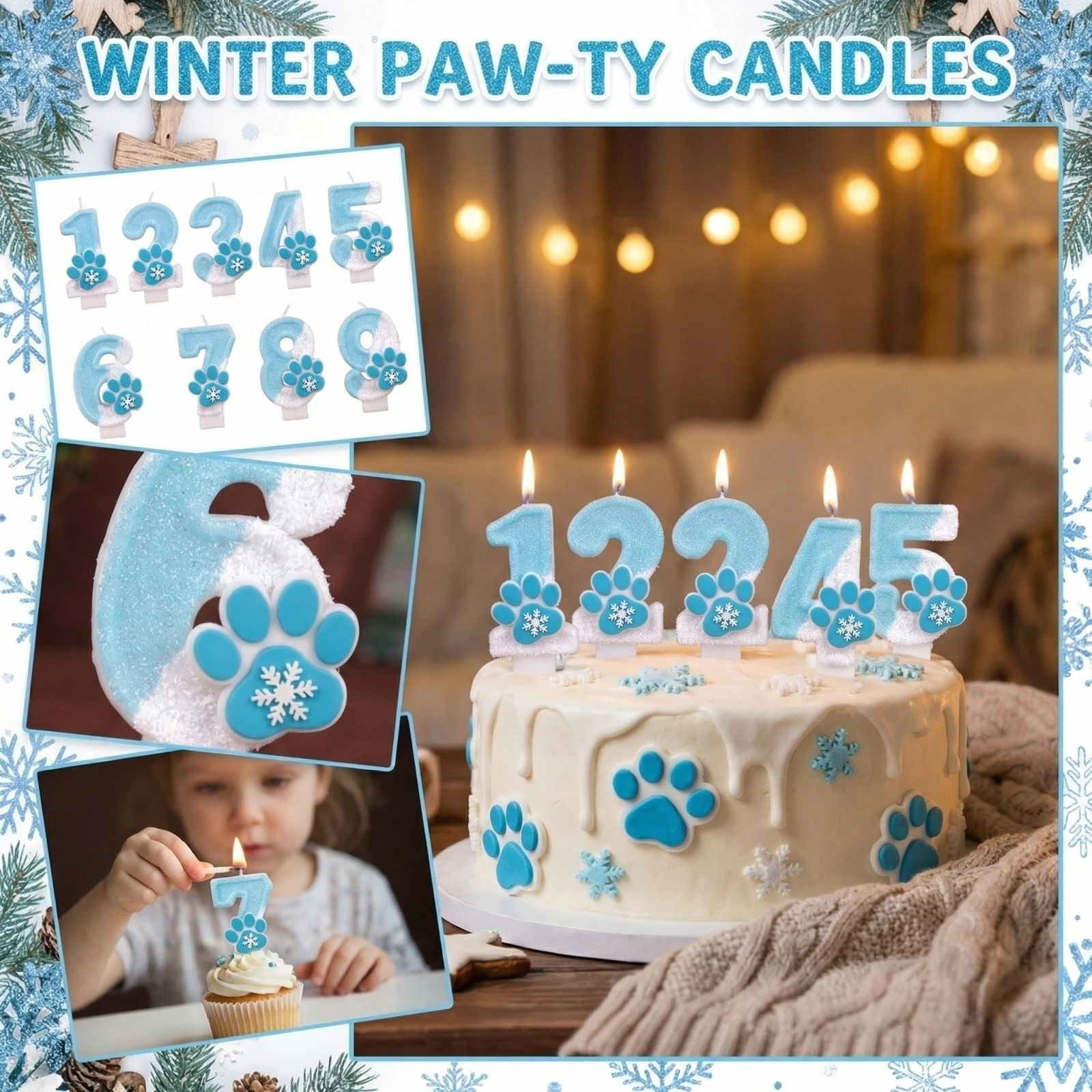 Snowflake Paw Theme Number Candle Blue Sparkle Digital Cake Topper Kids Birthday Party Cake Decoration Supplies