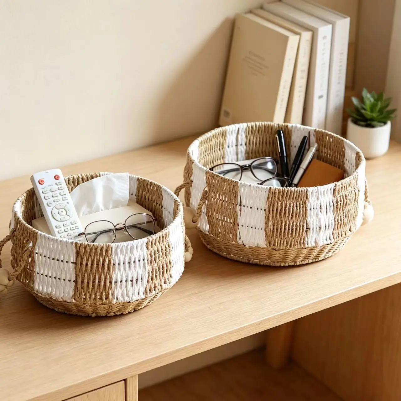 2Pcs Different Sizes Boho Woven Storage Baskets Beige White Patchwork With Wooden Beads Handles Desktop Sundries Organizer For