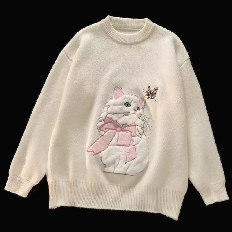 Y2k الجمالية القط التطريز الوردي محبوك البلوزات للنساء طويلة الأكمام س الرقبة عادية تريكو فتاة لاعبا الكورية اليابانية #3