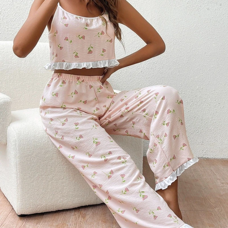 

Повседневный женский пижамный комплект с цветочным принтом, мягкая оборка, топ на бретельках и длинные брюки, удобная дышащая ткань для отдыха сна