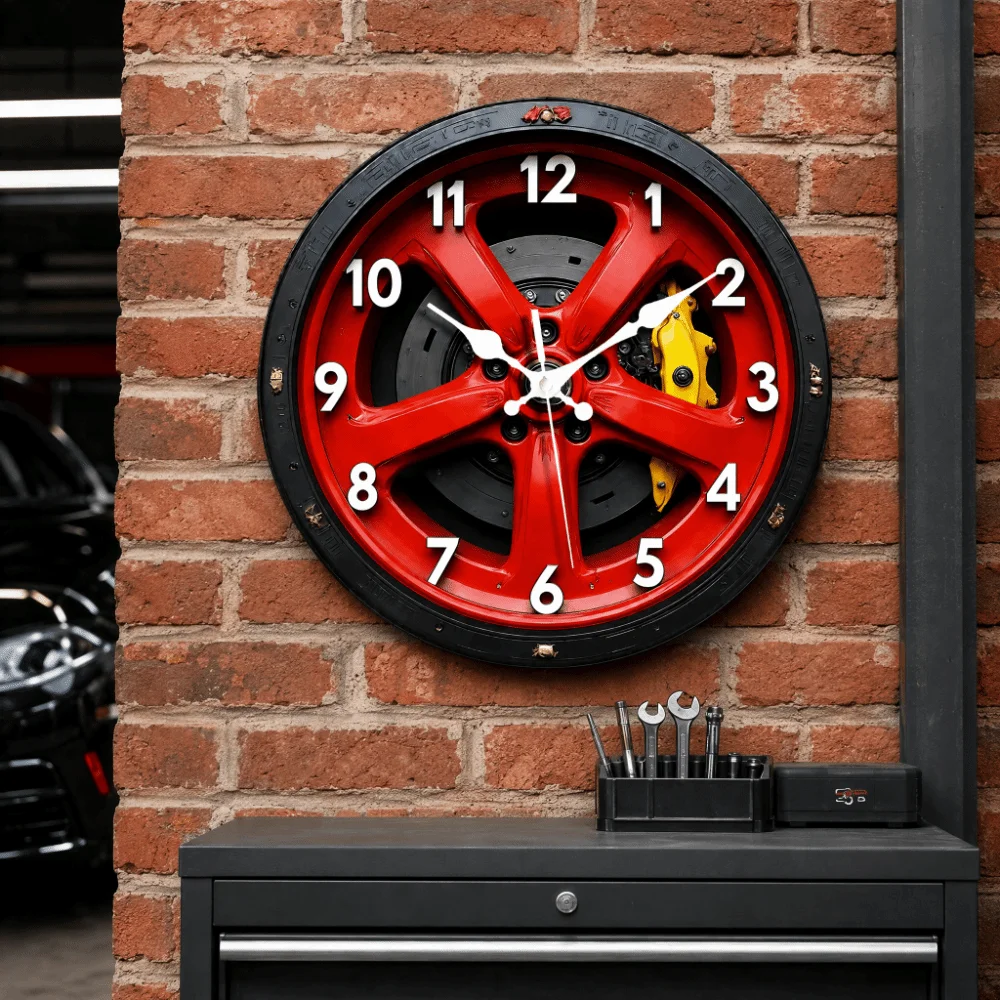 Motorcycle Style 2D Flat Wall Clock 20/25/30cm Non-ticking 2D Car Wheel Hub Wall Clock Wall Decor Silent Quartz Wall Clock