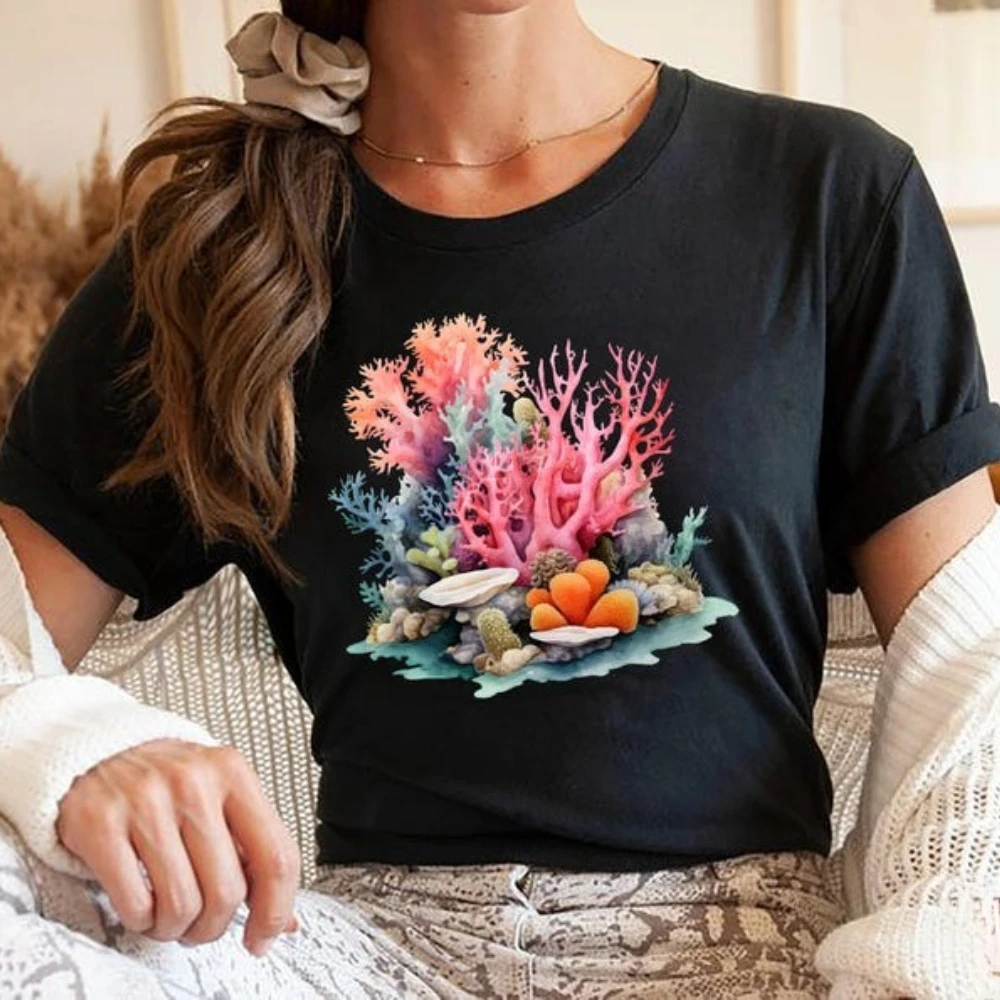 

Рубашка с коралловым рифом, красочная футболка с коралловым рифом, повседневная футболка с океаном, пляжная одежда, подарок для любителей океана, мужские и женские топы, модная хлопковая одежда