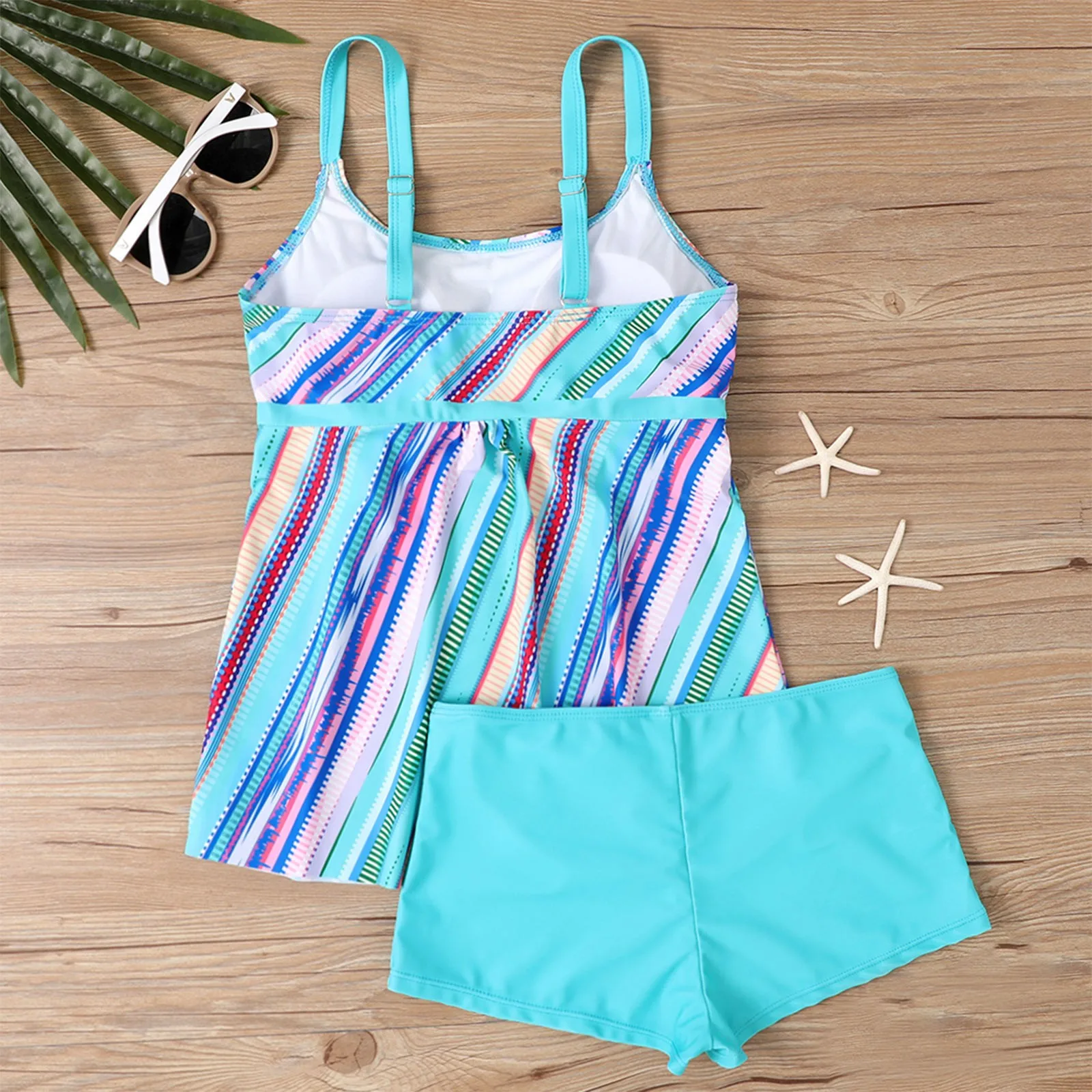 女性のセクシーなスリムフィットプリントスリングスプリットビキニプラスサイズ水着 (ツーピース) ストラップタンキニセットプリントビーチ水着