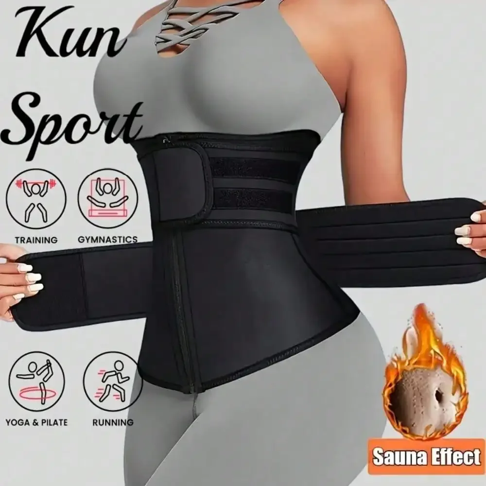 Women Long Torso Sauna Slimming Waist Trainer Zipper Design 7 Steel Bone Corset Fitness Body Shaper With Two Belts
