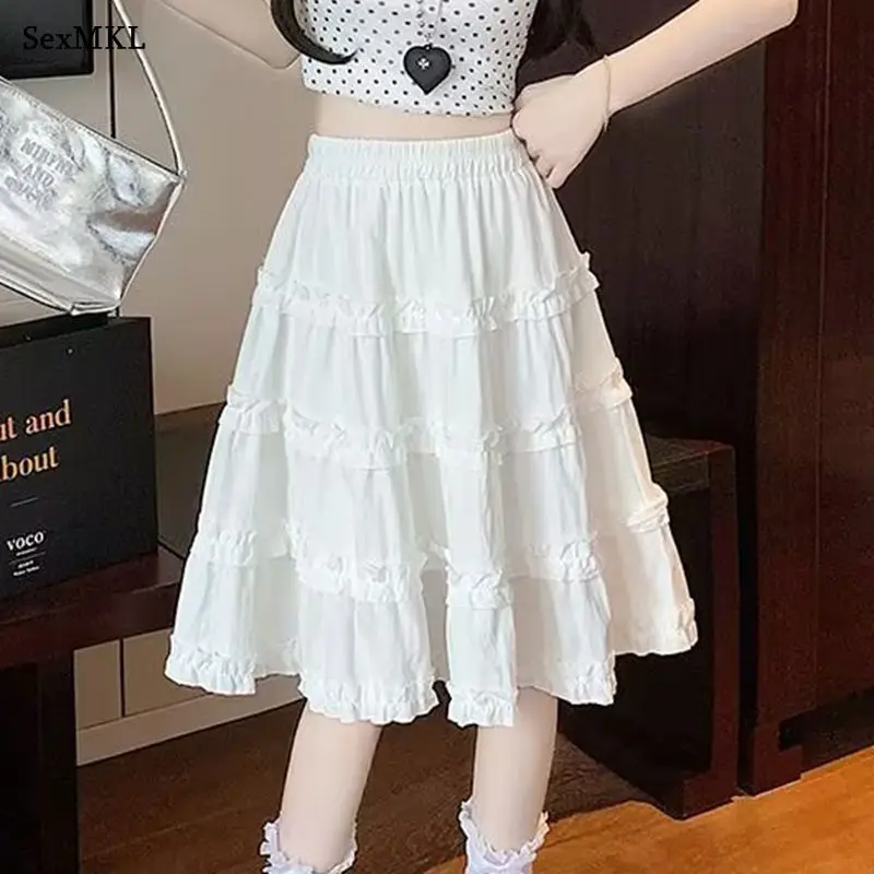 Summer Mid Length Ball Gown Black Skirts Women Casual Korean Style Y2k Clothes Vintage Slim Ladies Pleated A Line White Skirt