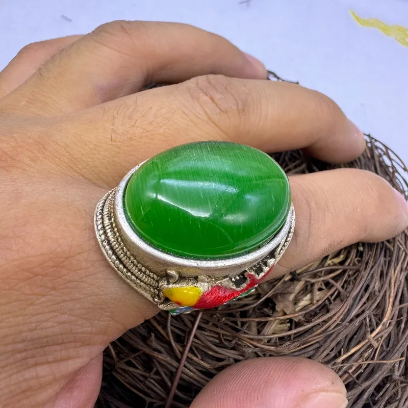 Men's Domineering Solid Silver Open Thumb Ring, Antique Old Jadeite Silver Inlaid Emerald "Blessing Arrives" Collectible Finger