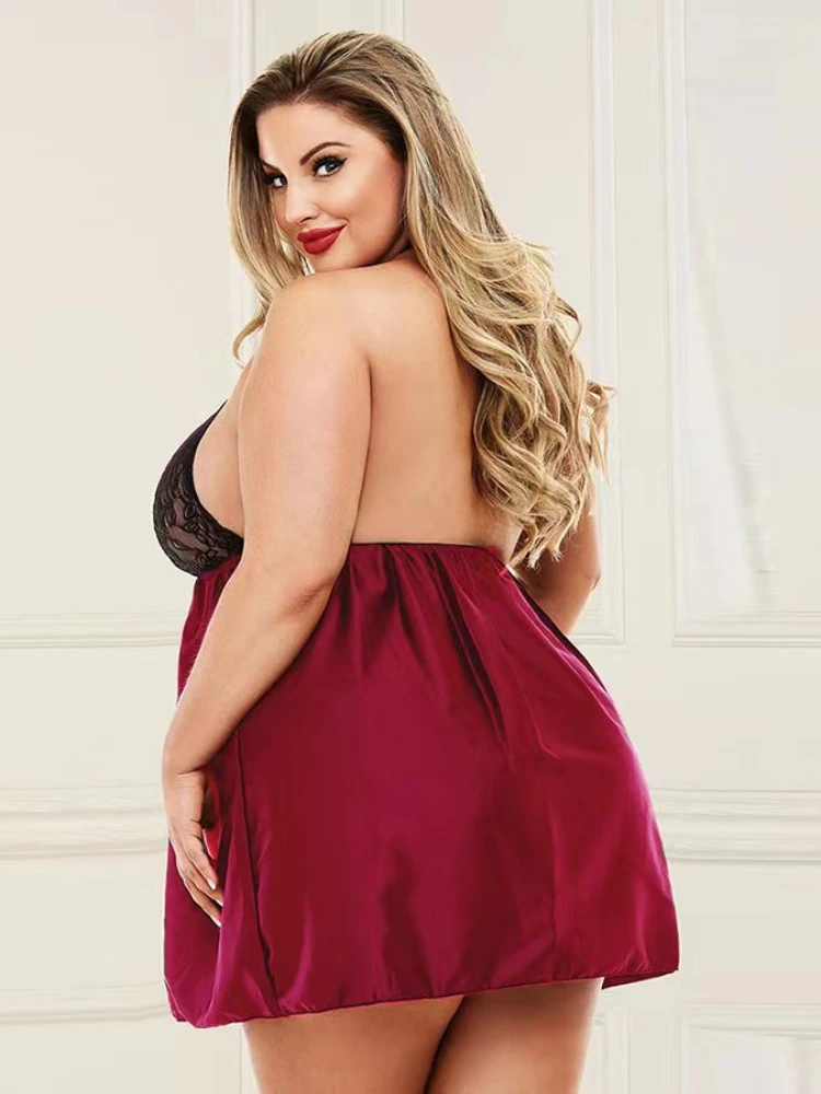 Lingerie sexy en dentelle pour femmes, sous-vêtements grande taille, robe licou, pyjama évidé transparent, vêtements de nuit, vêtements de nuit