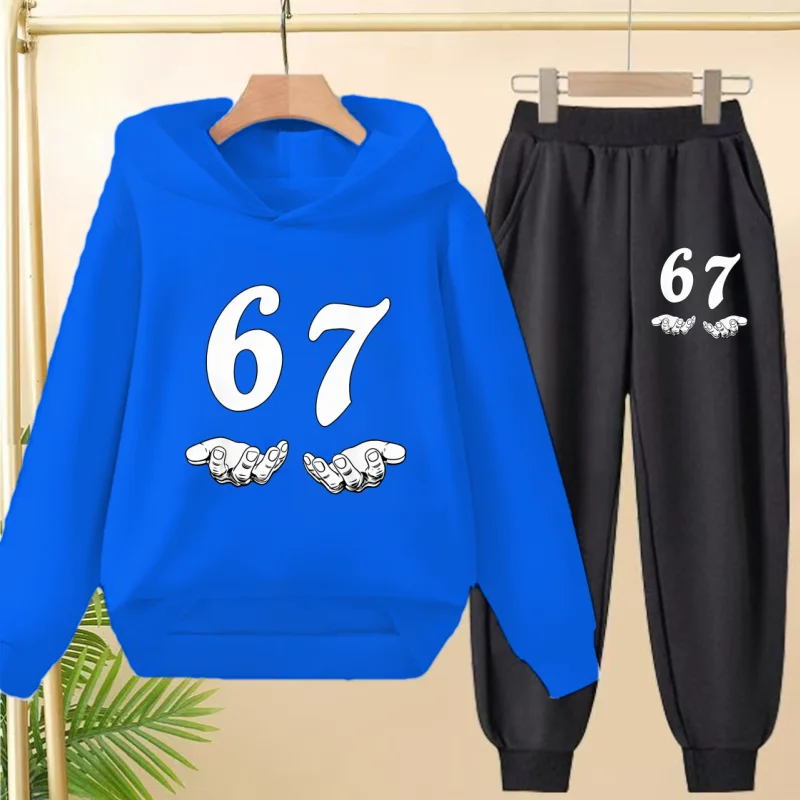 

Kids Six Seven Print Blue Pullover Spring Autumn Clothes Tracksuit Hoodie+Pants Boy Girl Toddler3-12Yrs Coat Leisure Jogging Set