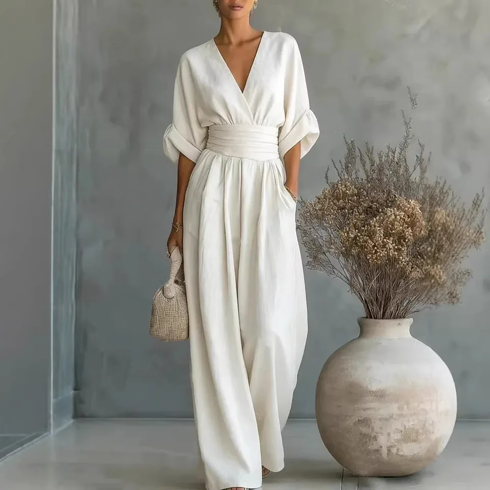 

Elegant Solid High Waist Rompers Casual Wide Leg Pants Pocket Overalls Vacation Outfit 2026 Spring Deep V Neck Women's Jumpsuits