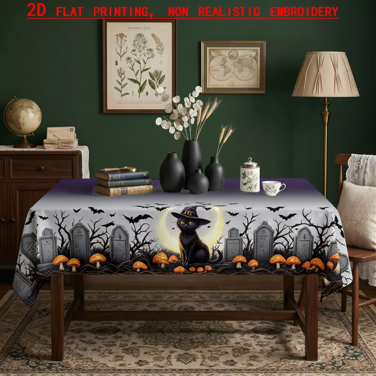 Tablecloth 1 piece 2d flat. Pattern features a black cat, tombstone, bat, poisonous mushroom, and full moon.zyc