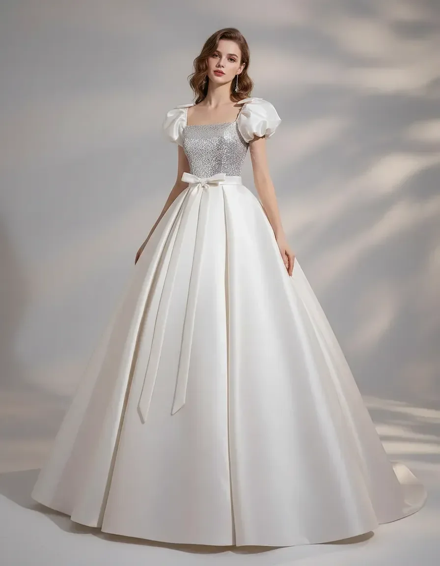 Square Neck Puff Sleeve Satin Ball Gown with Sparkly Bodice for Quinceanera Birthday Graduation Evening Party