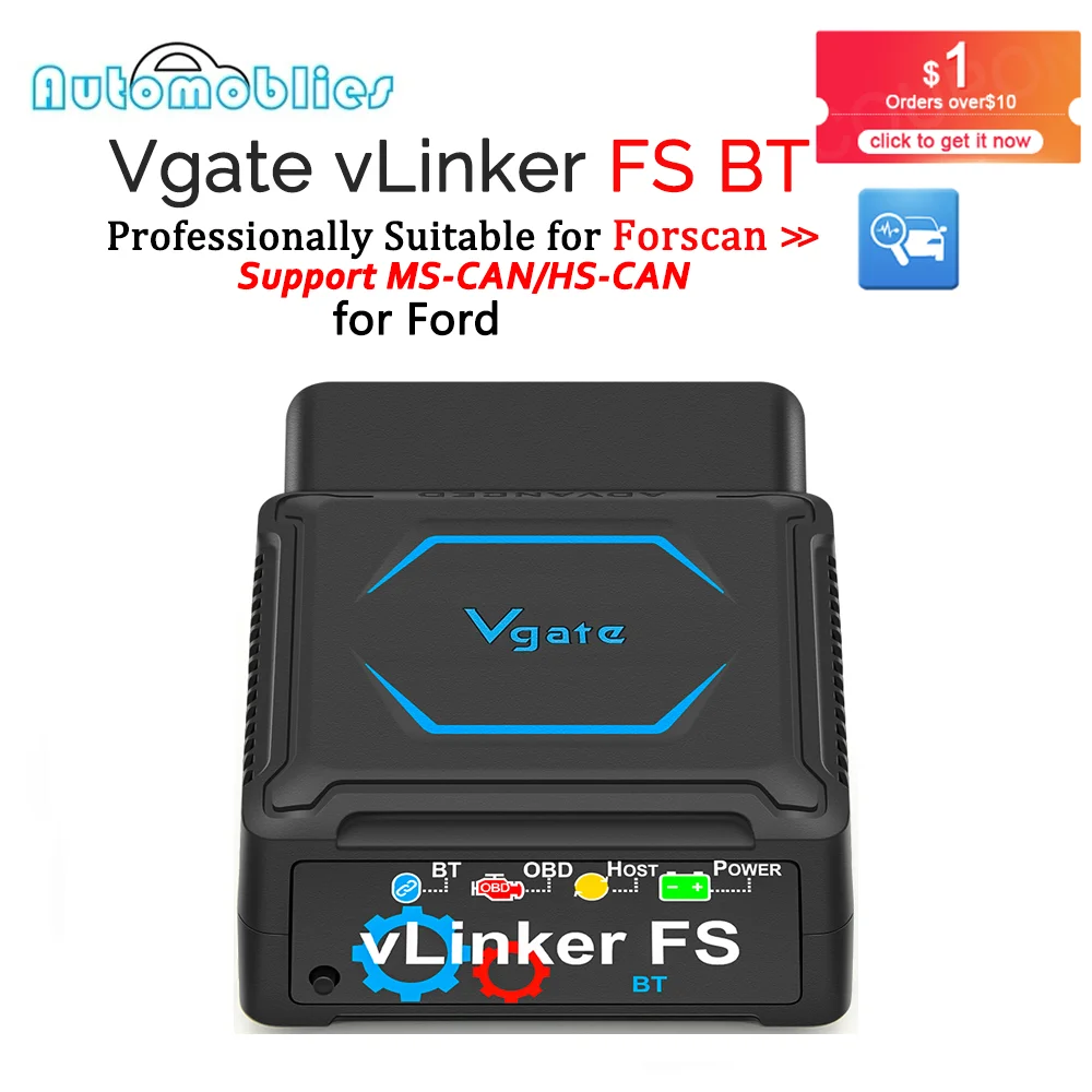 Vgate Original VLinker FS Bluetooth For FORScan HS MS-CAN ELM327 Professional OBD2 Car Diagnostic Scanner Tools for IOS/Android