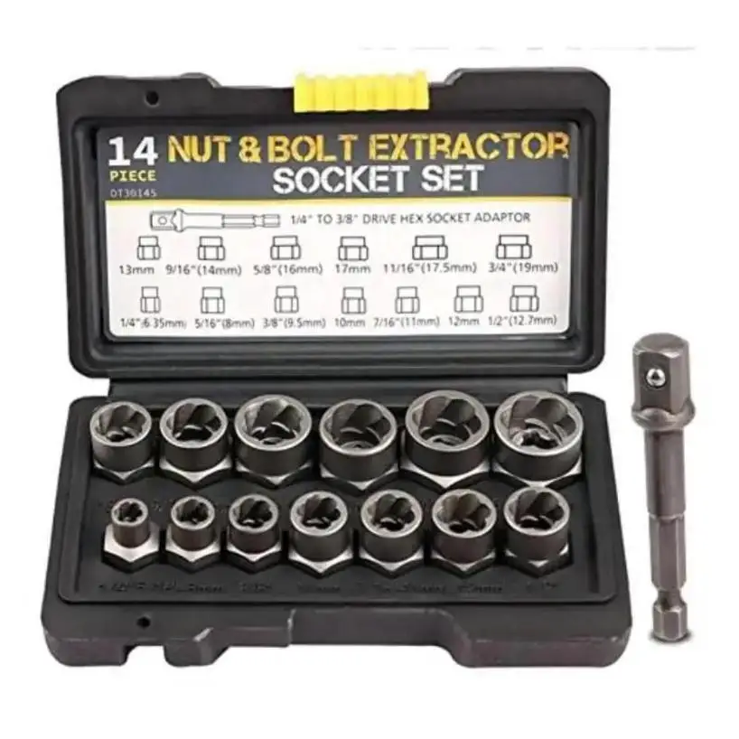 1 Set New 3/8” Drive Impact Bolt Nut Extractor Set 13 Pcs Lug Nut Remover Kit Twist Socket Tool Set With A 1/4” Hex Drive