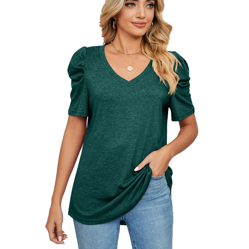 

New Women's Solid Color V-neck Loose Pleated V-neck Short-sleeved T-shirt Top