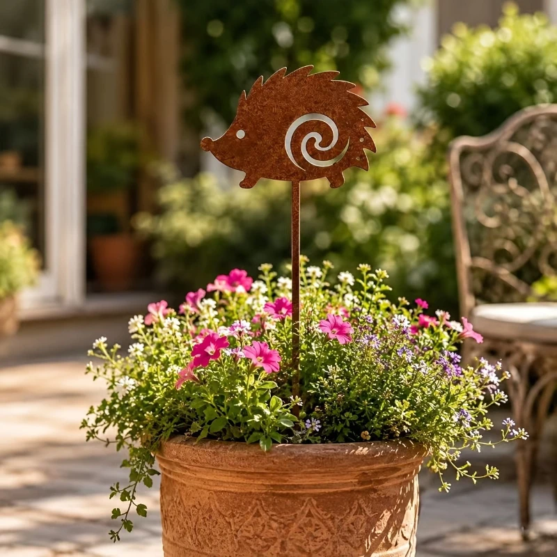 Cute Animal Garden Stake Set Wrought Iron Cat Bird Rabbit Hedgehog Snail Yard Lawn Outdoor Decor