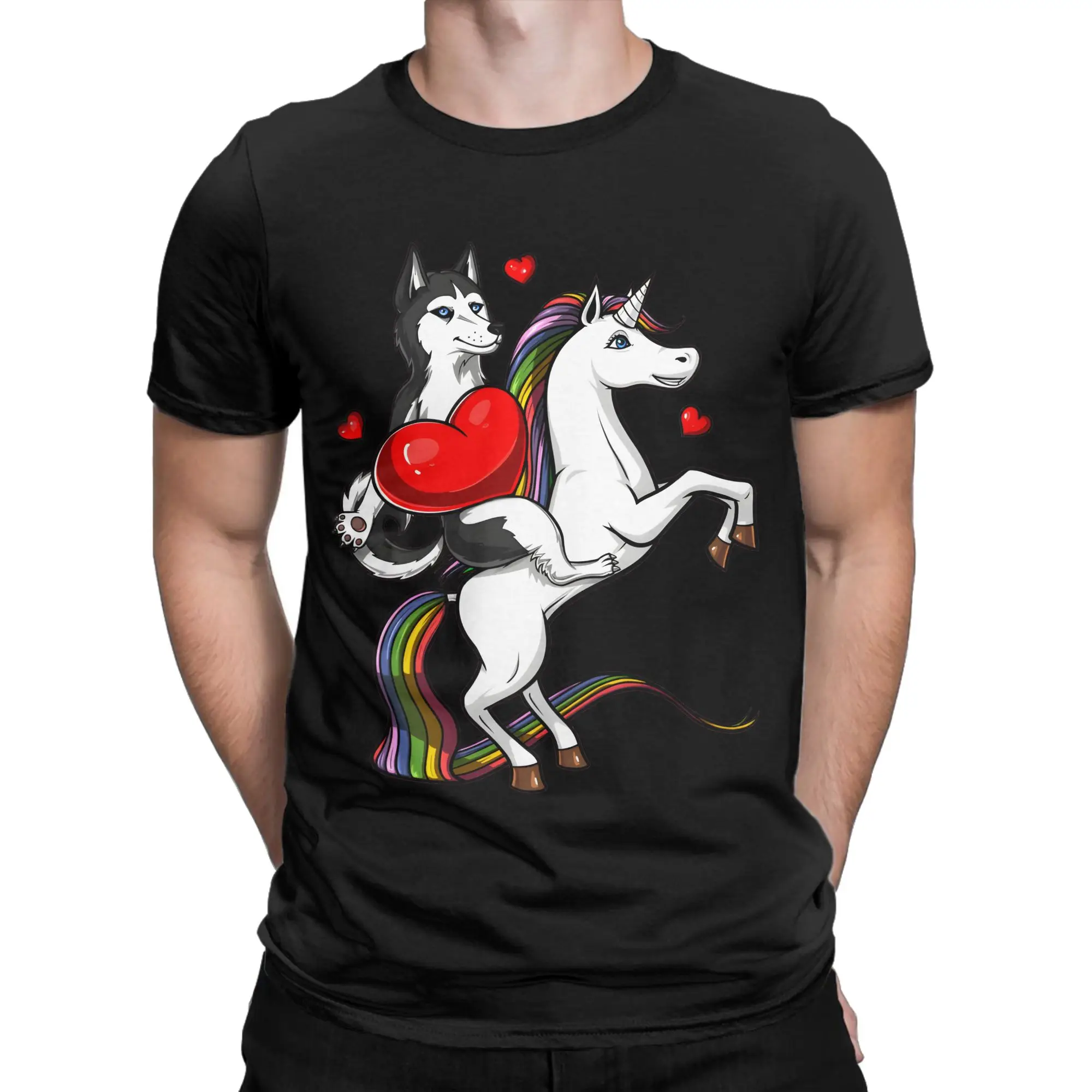 Siberian Husky Dog Riding Unicorn  Cotton T-Shirt For Man Summer  Vintage T Shirts Hip Hop Tee Shirt Oversized Hot Sale Clothes