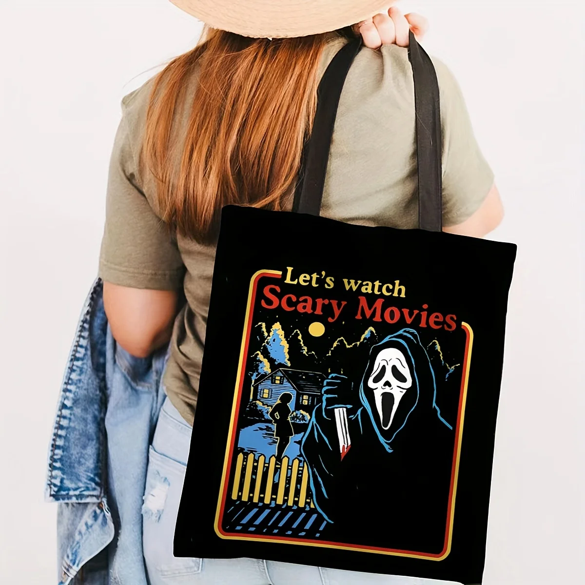 Halloween Funny Cartoon Horror Movie Tote Bag, Large Capacity Canvas Shoulder Bag, Perfect Halloween Festival Shopping Bag