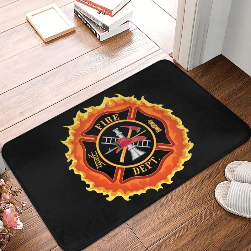 Firefighter Cross With Flames Front Door Mat  Indoor Quick Dry Fire Rescue Fireman Doormat Living Room Entrance Rug Carpet