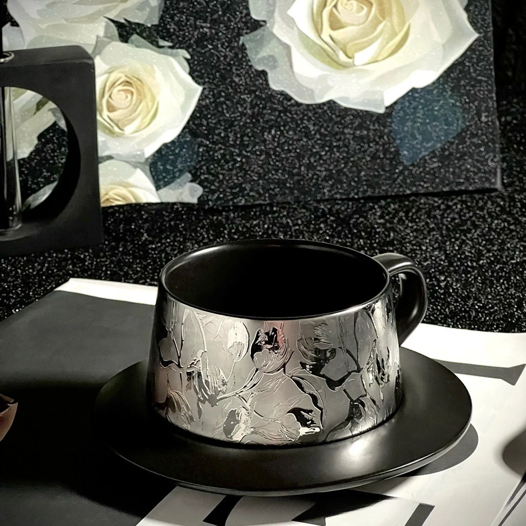 Vintage Luxury Titanium Plated Ceramic Coffee Cup and Saucer Set Minimalist Stylish High Aesthetic Mug