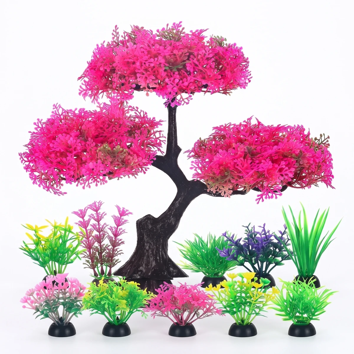11-teiliges Set Rosa Bonsai-Bäume Aquarium-Dekoration Künstliche Plastik-Wasserpflanzen Fischbecken-Landschaftszubehör für Betta-Fische Versteck
