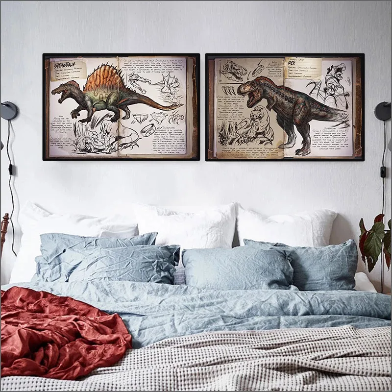 Peinture sur toile 2D (Affiche Ark Survival Evolved Dossiers) – Illustration de jeu de dinosaures vintage – Décoration murale pour Li