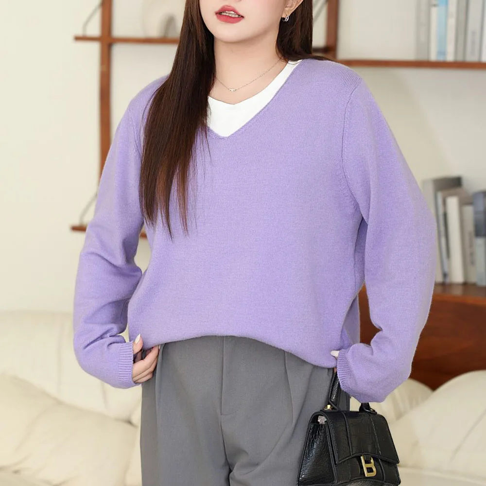 Gentle V-Neck Loose Knit Jumpers for Women, Commuter Pullover, Solid Sweater, Plus Size, Autumn, Winter, Good Quality, N9067