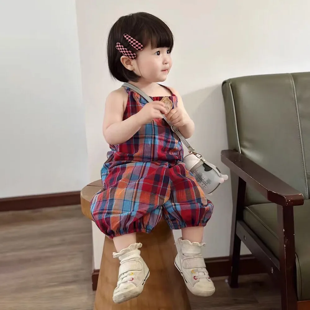 Summer Colorful Plaid Kids Jumpsuits Sleeveless Casual Wear Back Lace Up One-Pieces Rabbit Tail Girls Clothes