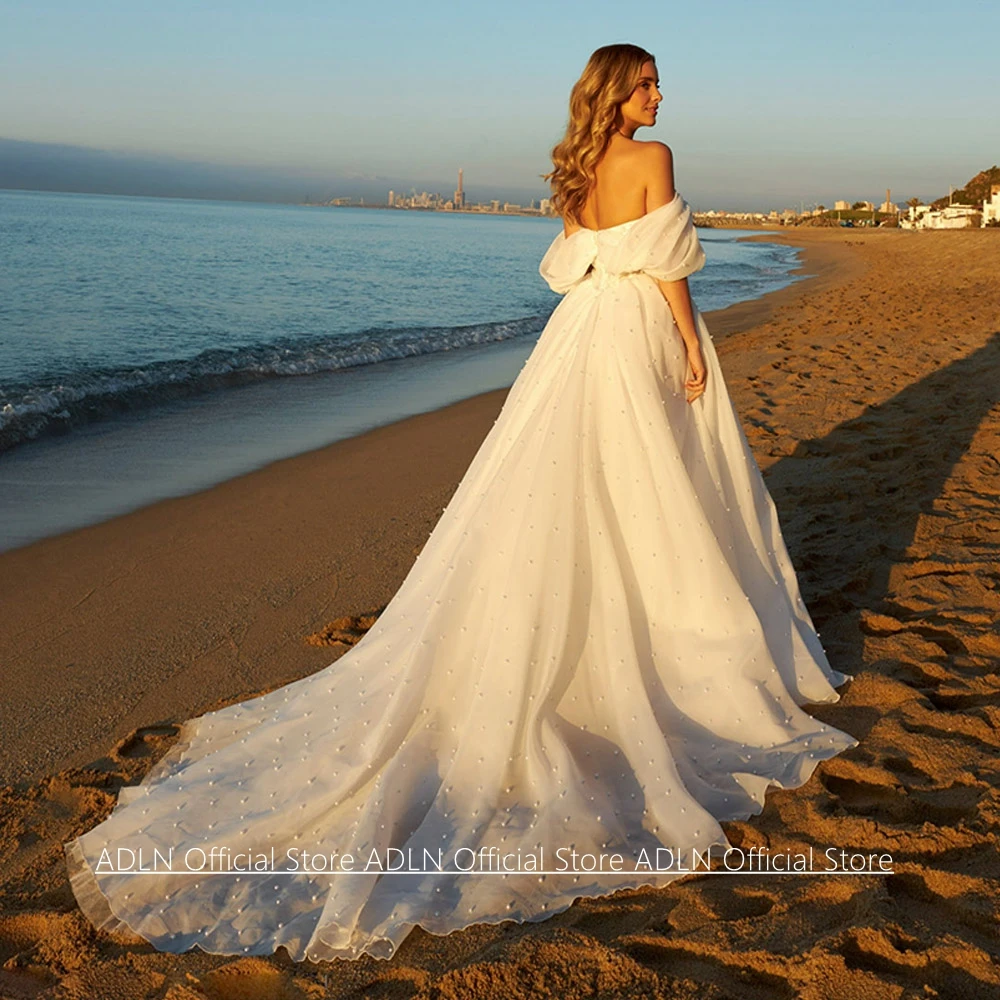 Customized Organza Wedding Dress Off The Shoulder Boat Neck Pleated Pearls High Split Sweep Train Beach Bridal Gown