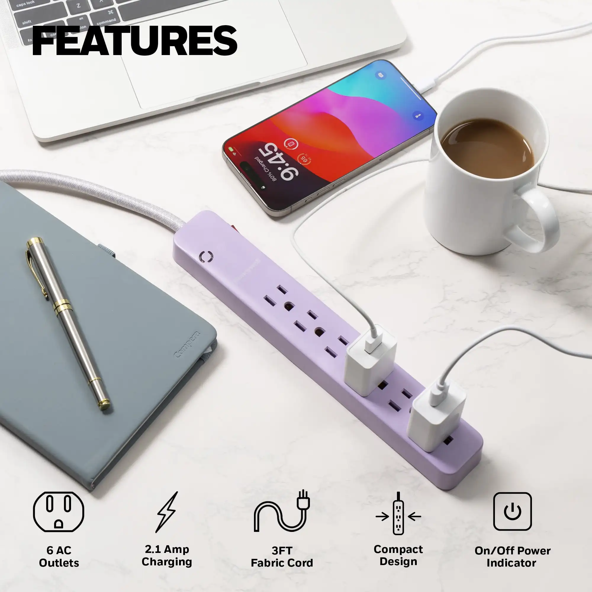 

2-in-1 Pack Power Strips - 6 AC Outlets Surge + 3 AC 2 USB Strip (1 USB-A + 1 USB-C 2.1A) - Pink