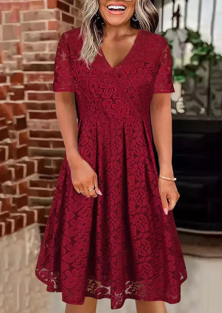 Midi Skirt Floral - Elegant Black Lace Dress Women V-neck