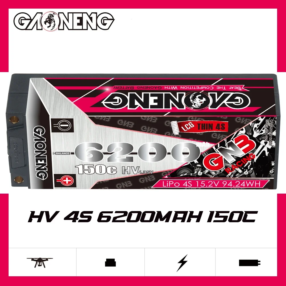 Gaoneng GNB 6200mAh 4S1P 15.2V 150C HV LCG Thin 4S Hardcase 5.0mm LiPo Battery Pack XT90 Plug For 1:8 1/8 RC Car Level Running