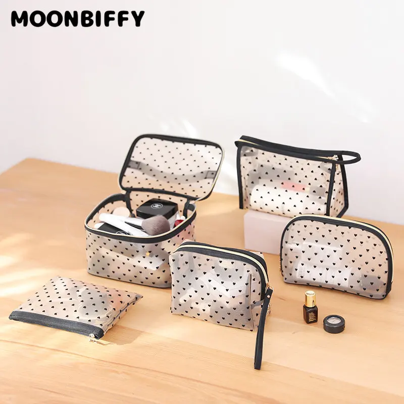 Mesh Cosmetic Makeup Bags Case Holder Cute Transparent Zipper Black Heart Printed Pencil Pen Case Pouch Convenient To Carry