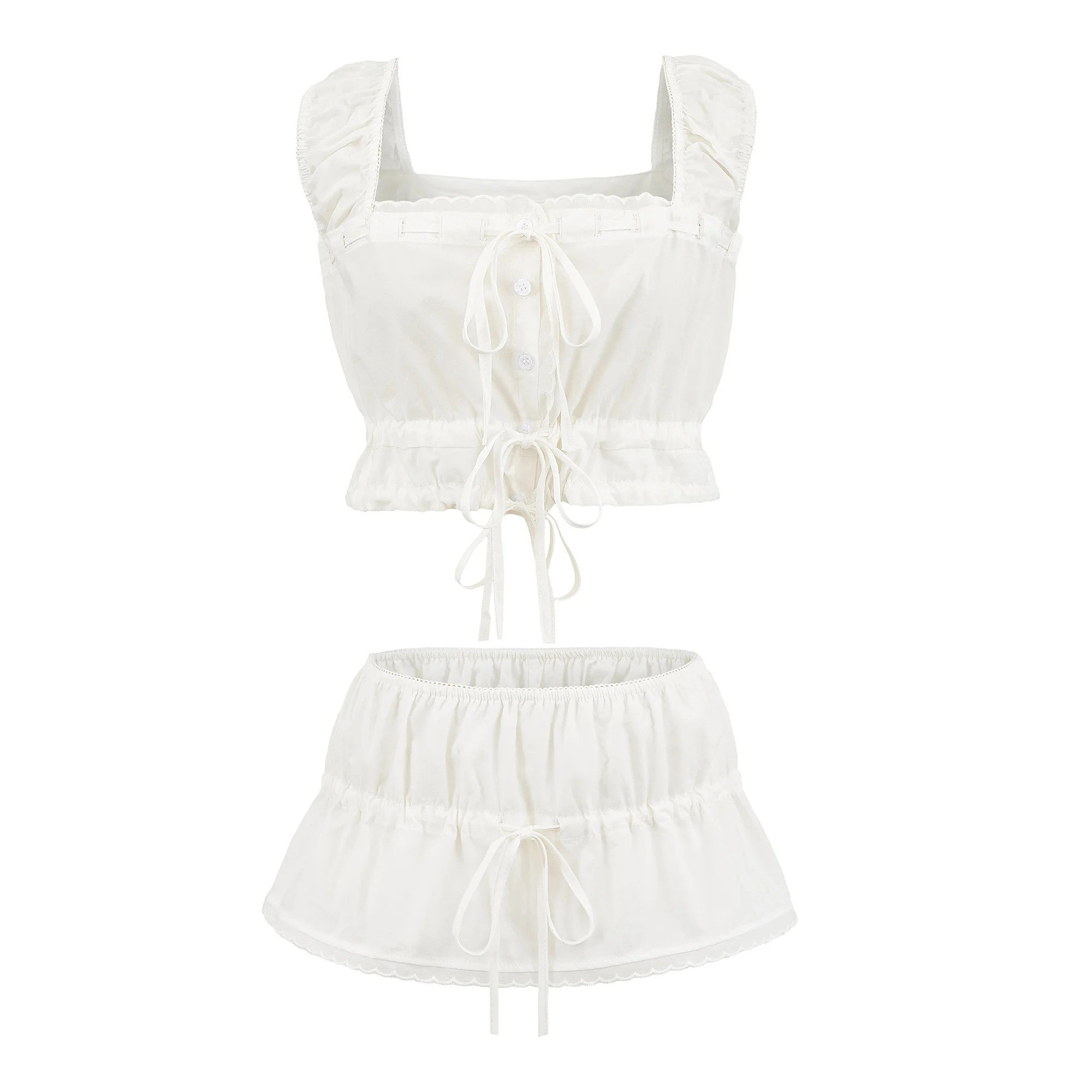 Sexy White Lacing Up Bow Open Buttons Tank Top Camisole + Women Elastic Low Waist A-lined Mini Short Skirt 2 Pieces Set