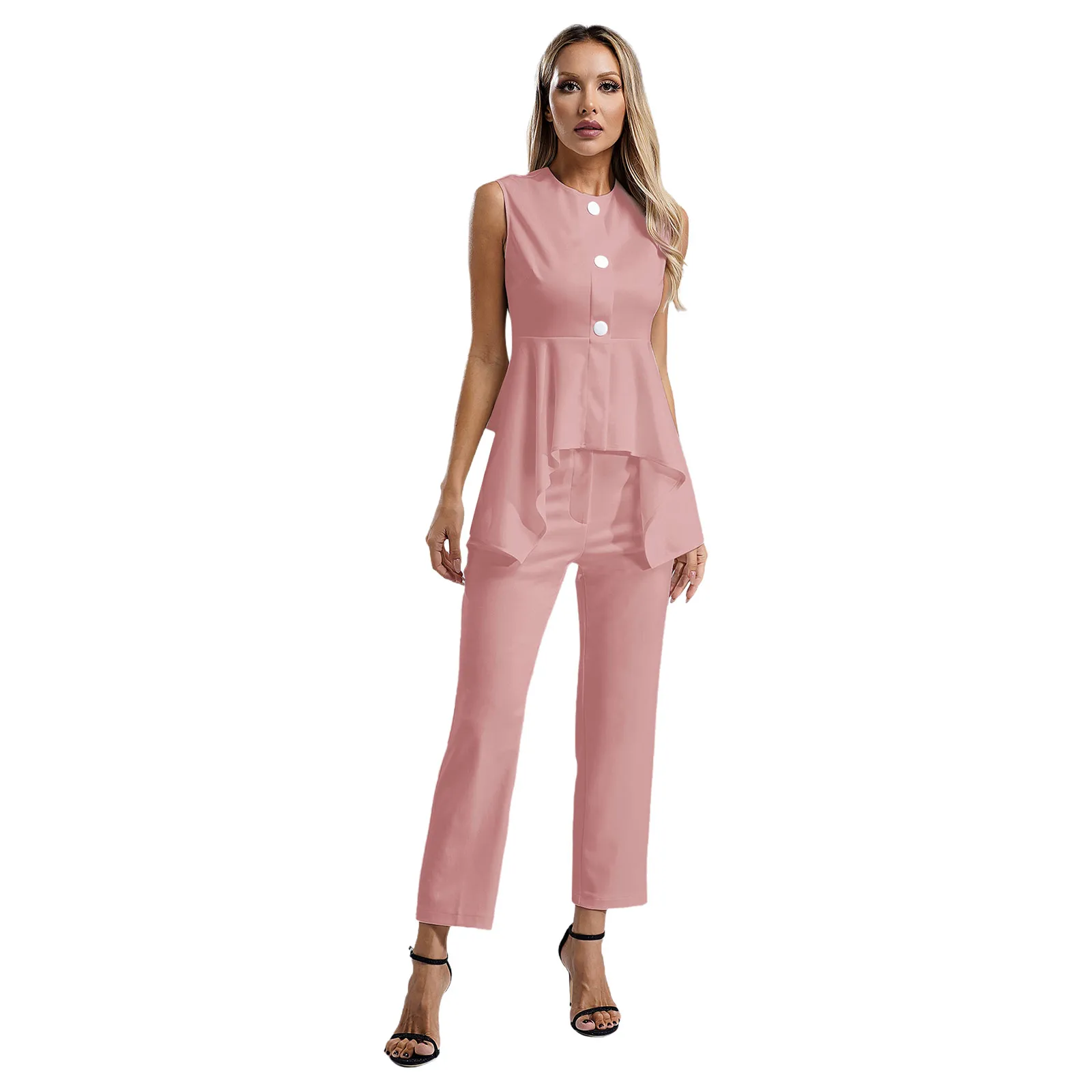 Womens Commute Sets OL Lady Office Work Suit Sleeveless Asymmetrical Peplum Blouse And Pants Elegant Femme Commuting Suits