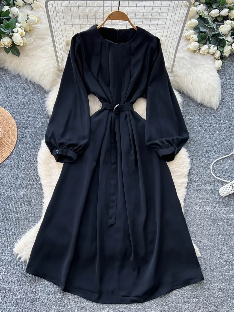 Retro runde Ne Plissee Design Sinn Belted Taille Laterne Sve Dr Frauen Herbst Abnehmen Lange Dr Koreanische Sle Hohe Wa...