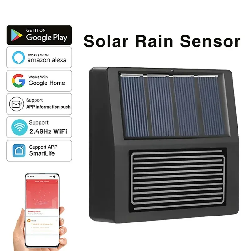 Smart Rain Sensor with Real-Time Alarm Smart Home Integration IP65 Waterproof Solar Charging Water Leakage Sensor Rain Detection