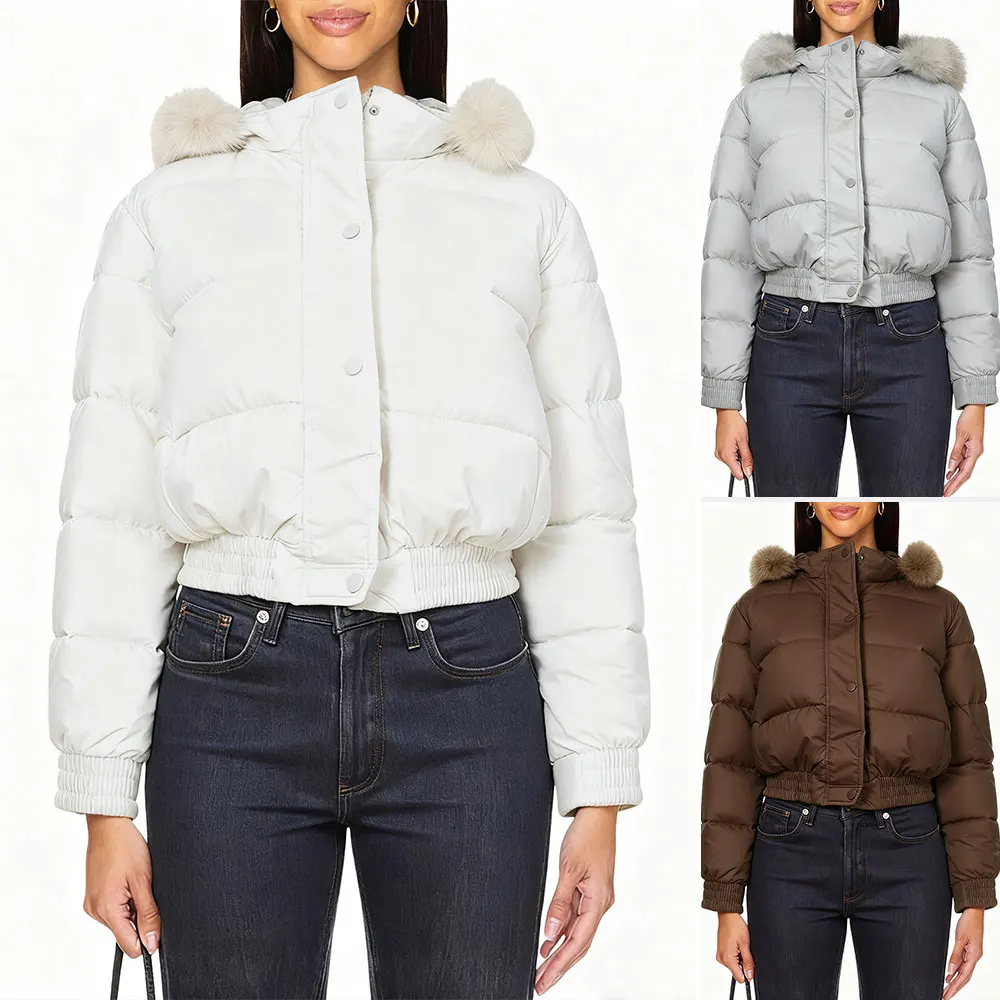 سترة نسائية مع غطاء رأس من الفرو الصناعي بوم بوم بلون سادة، نمط قصير للشتاء كاجوال، معطف دافئ للارتداء اليومي مبطن بالقطن