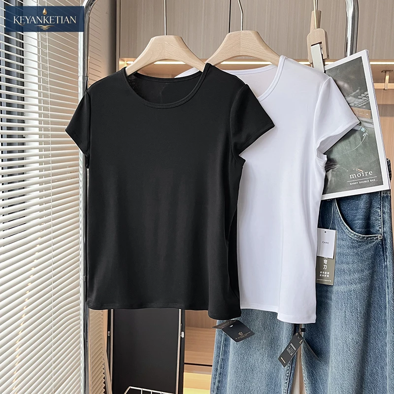 

KEYANKETIAN 2026 Minimalist Chic Slim Fit T-Shirt Basic Crew Neck, Short Cap Sleeves Stretchy Cotton Fabric Solid Color Tee