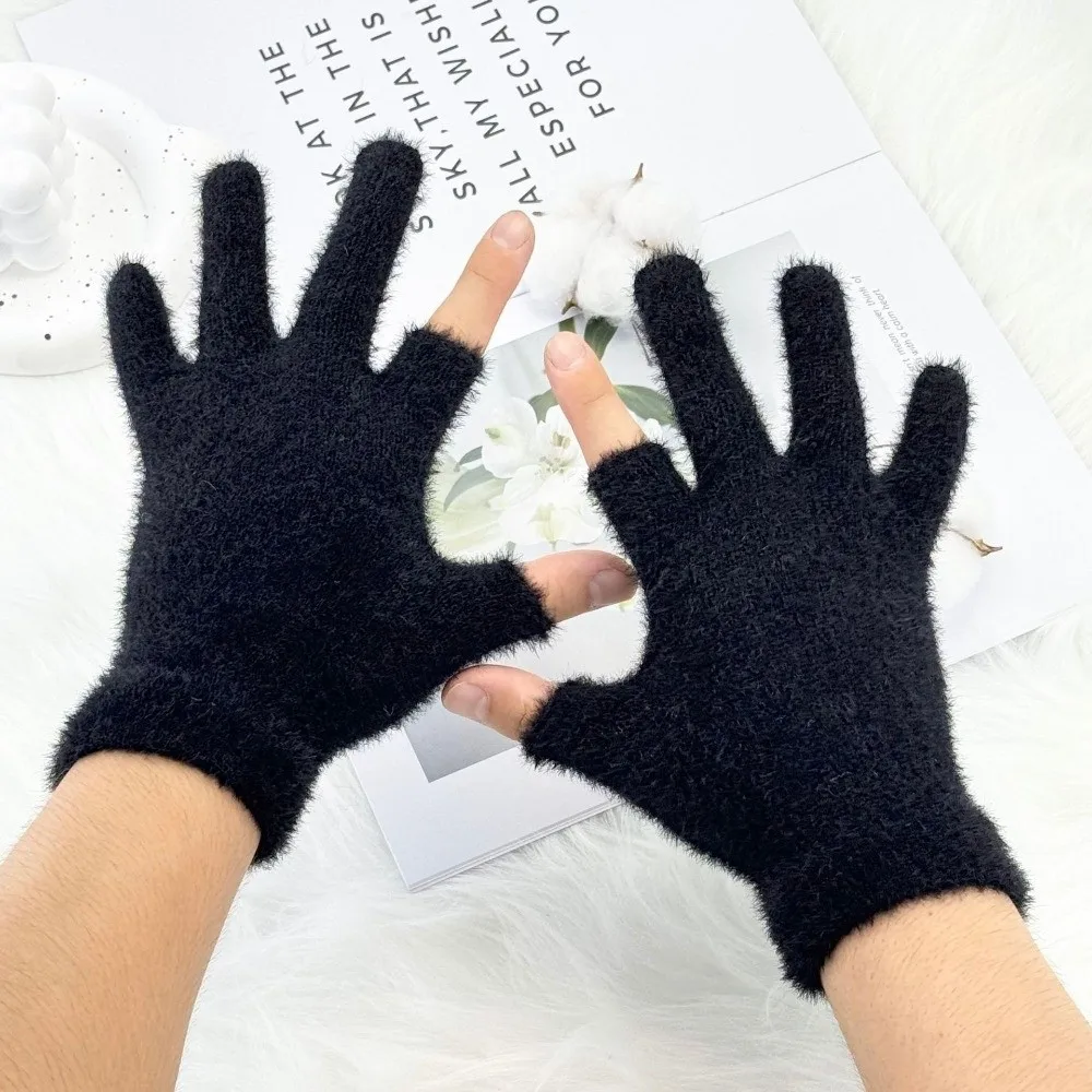 Einfarbige Touchscreen-Handschuhe aus Strickstoff, winddichte Zwei-Finger-Handschuhe, Unisex-Design, gestrickte Handschuhe aus Kunstkaninchenfell